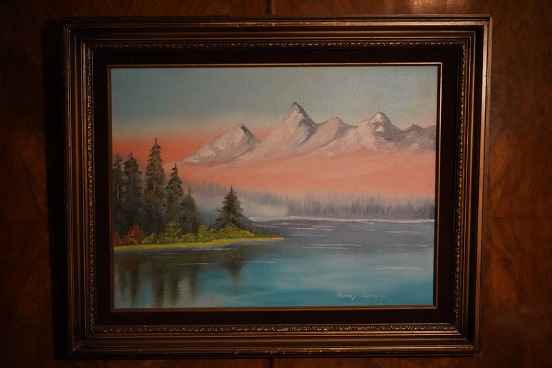 Vonney Menesini Original Oil Painting — Sunset Over a Mountain Lake, Framed, c. 1980s–90s