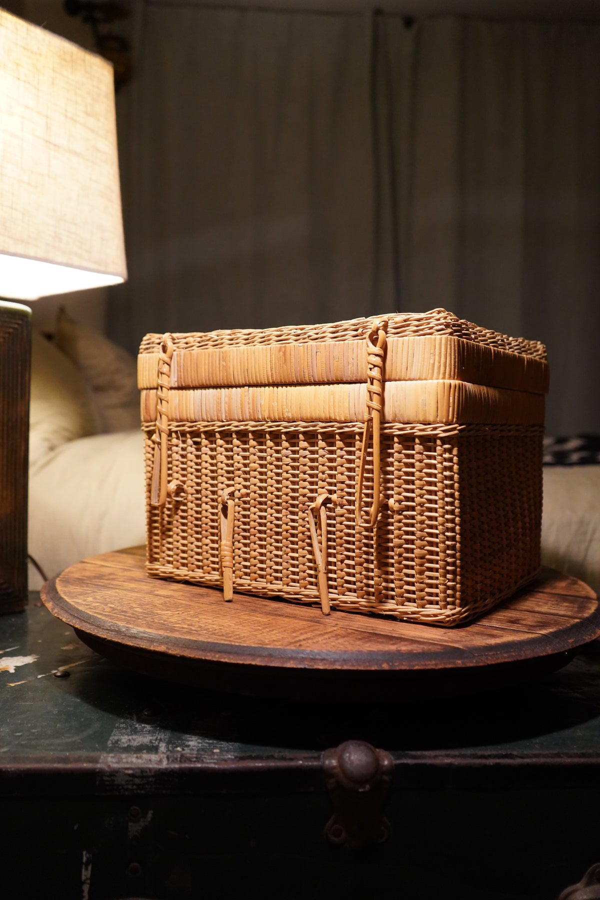 Woven Rattan Lidded Storage Basket with Toggle Closures &amp; Openwork Panel, c. 1960s–70s