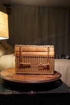 Woven Rattan Lidded Storage Basket with Toggle Closures &amp; Openwork Panel, c. 1960s–70s