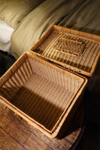 Woven Rattan Lidded Storage Basket with Toggle Closures &amp; Openwork Panel, c. 1960s–70s