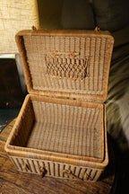 Woven Rattan Lidded Storage Basket with Toggle Closures &amp; Openwork Panel, c. 1960s–70s