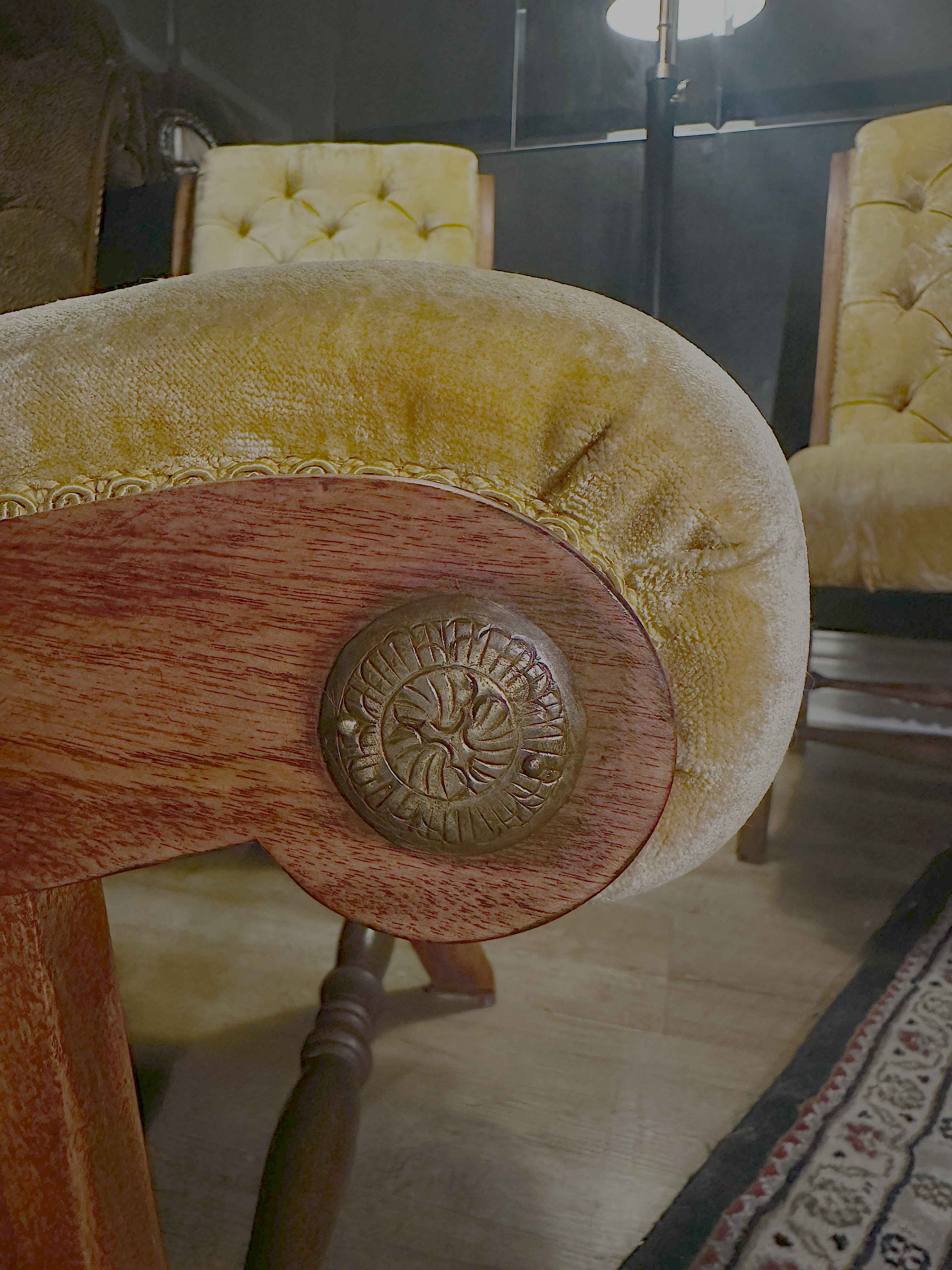 Yellow Victorian Tufted Parlor Chairs with Matching Ottomans, Brass Rosette Arms, c. 1870–1890 (Set of 4 Pieces)