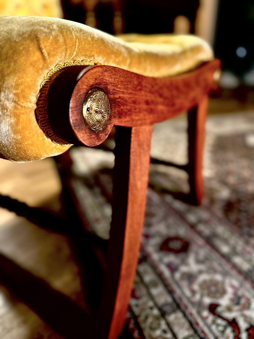 Yellow Victorian Tufted Parlor Chairs with Matching Ottomans, Brass Rosette Arms, c. 1870–1890 (Set of 4 Pieces)